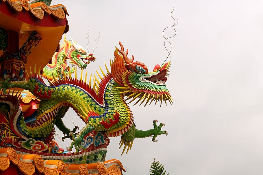 green and brown dragon figurine, taiwan, chinese temple, hualien, HD wallpaper