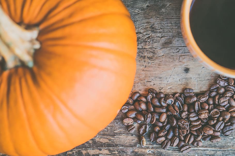 Orange Pumpkin and Coffee Beans, background, black coffee, caffeine HD wallpaper