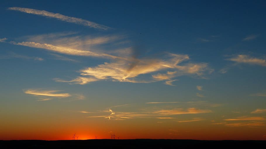 sky, clouds, blue, evening sky, wind park, wind power, sunset HD wallpaper