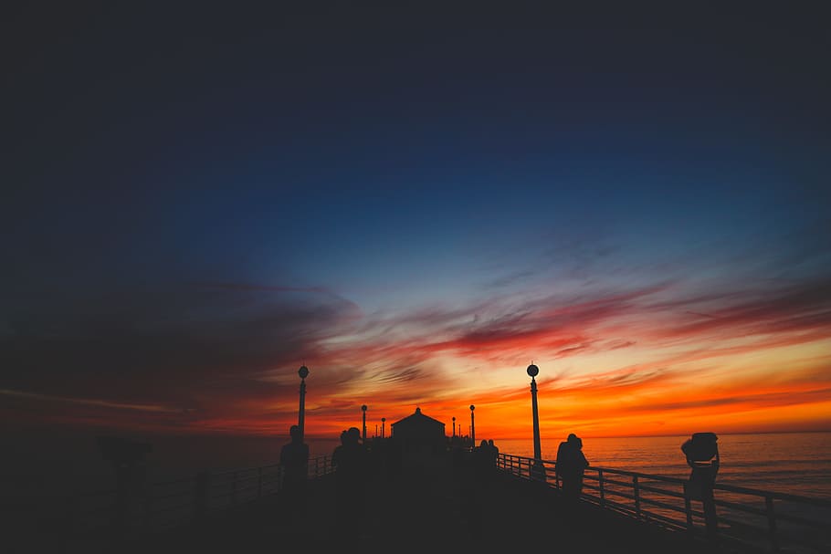 bridge, people, sky, clouds, sea, ocean, dark, nature, sunset HD wallpaper