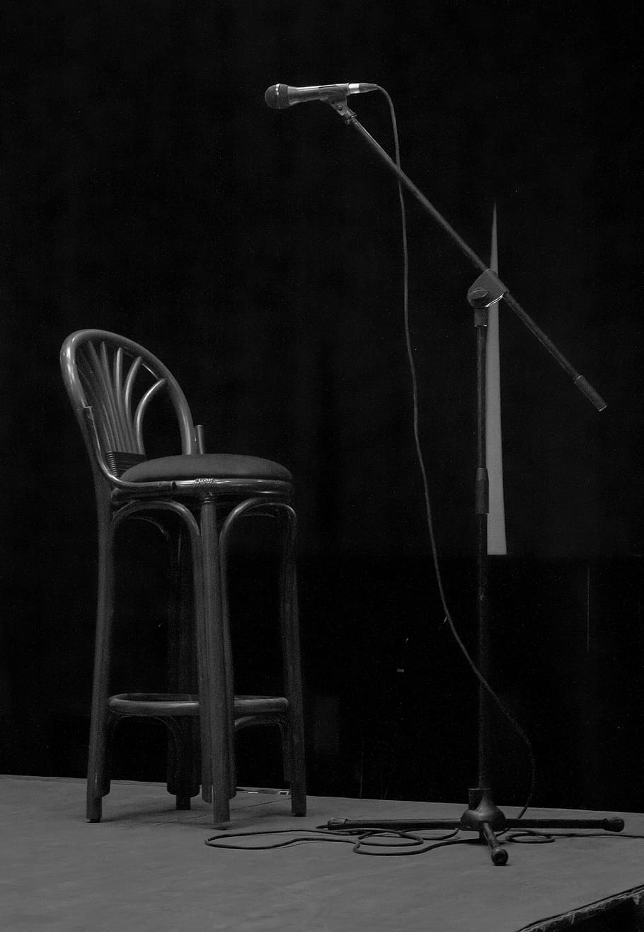 grayscale photography of stool chair, microphone, stage, seat HD wallpaper