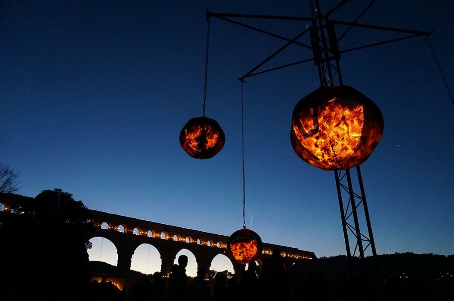 fire, flame, bridge, burn, ball, sky, transportation, connection HD wallpaper