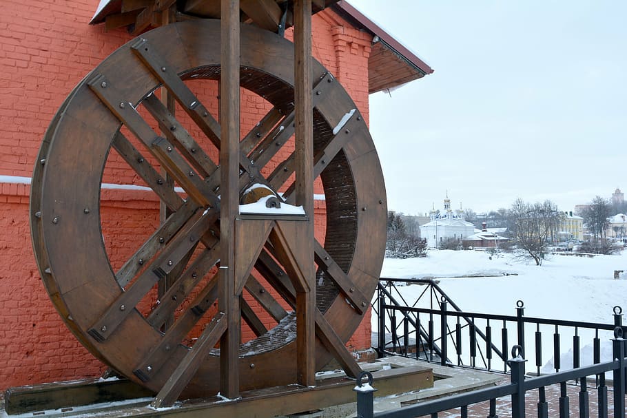 wheel, water mill, building, architecture, winter, transportation HD wallpaper