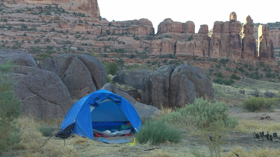 blue tent beside rocks, camping, nature, summer, recreation, adventure, HD wallpaper