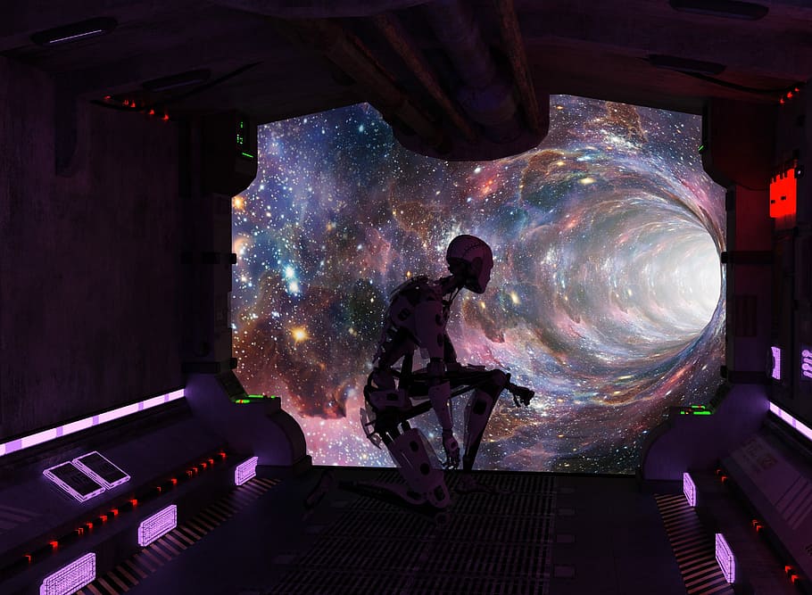 robot inside spacecraft traveling through time, industry, light HD wallpaper