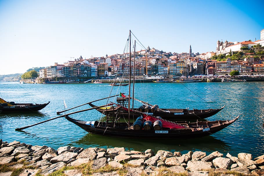 two brown boats near dock, river douro, porto, rabelo boat, portugal, HD wallpaper