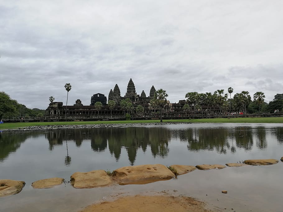 cambodia, small angkor, reflection, sky, water, built structure HD wallpaper