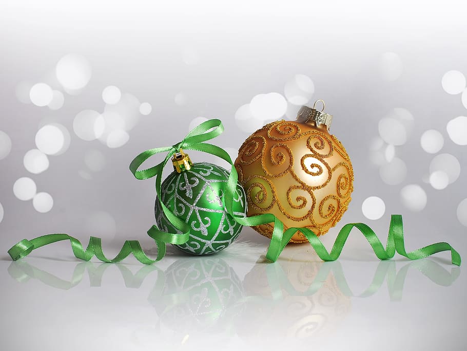 two green and yellow ornaments, christmas decorations, new year, HD wallpaper
