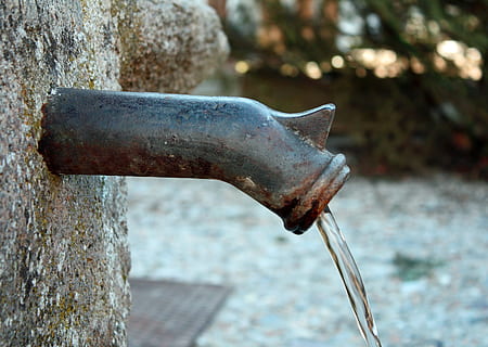 gray metal pipe with running water, tap, wall, outside, exterior HD wallpaper