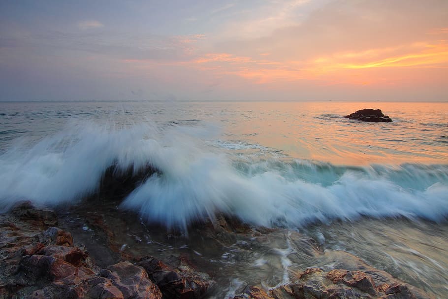 sea, dawn, nature, sky, beach, clouds, dusk, evening, island HD wallpaper