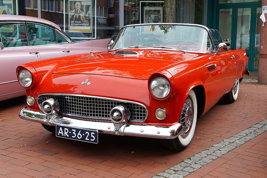red coupe parked near building at daytime, auto, oldtimer, us car HD wallpaper
