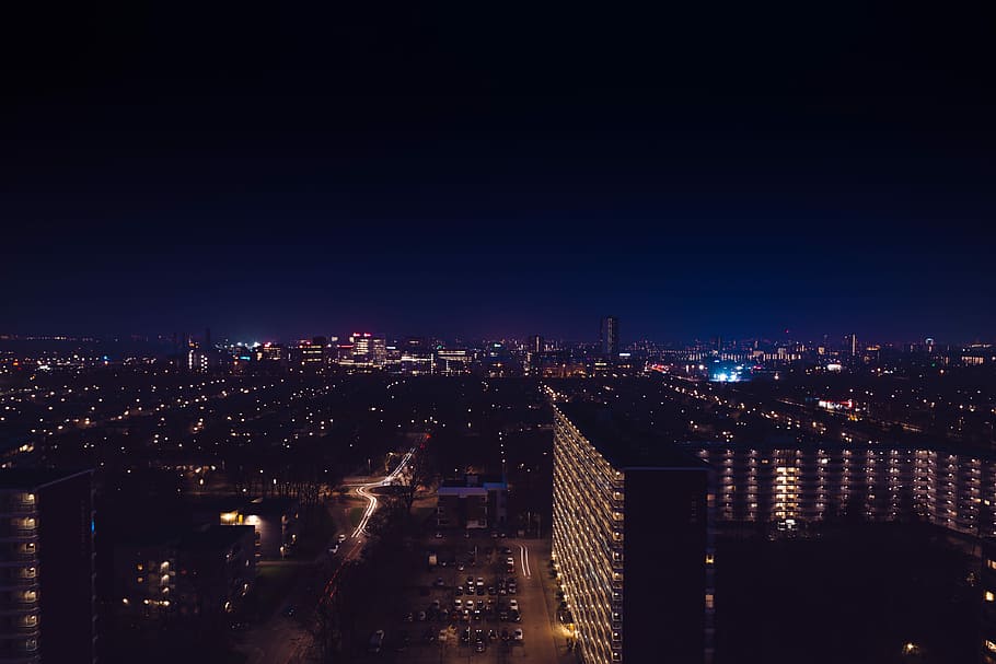 Rotterdam at Night, aerial photograph of high rise buildings during night time HD wallpaper