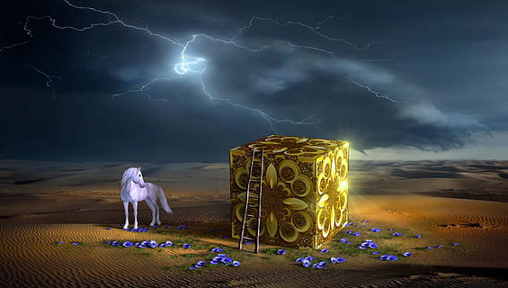 white horse and yellow box illustration, fantasy, desert, cube HD wallpaper