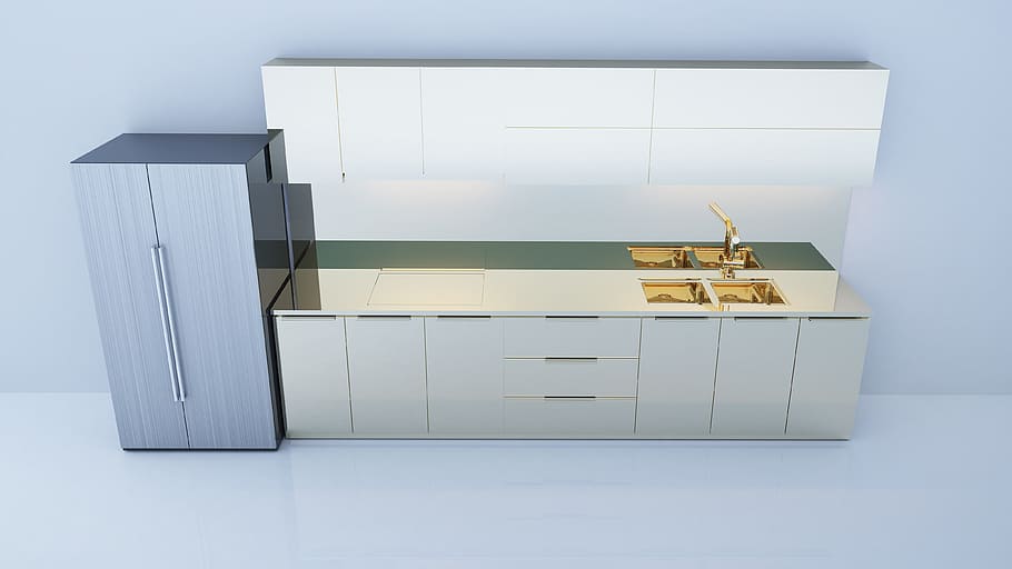 white wooden kitchen cupboard, interior design, 3d, kitchen interior HD wallpaper