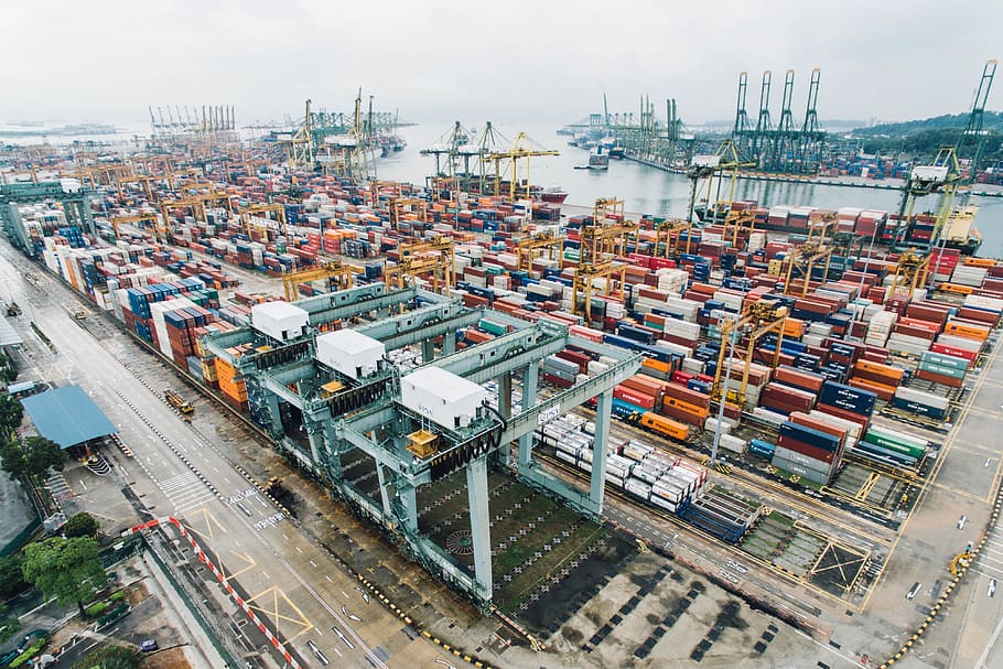 intermodal containers on dock, aerial view of building, areal