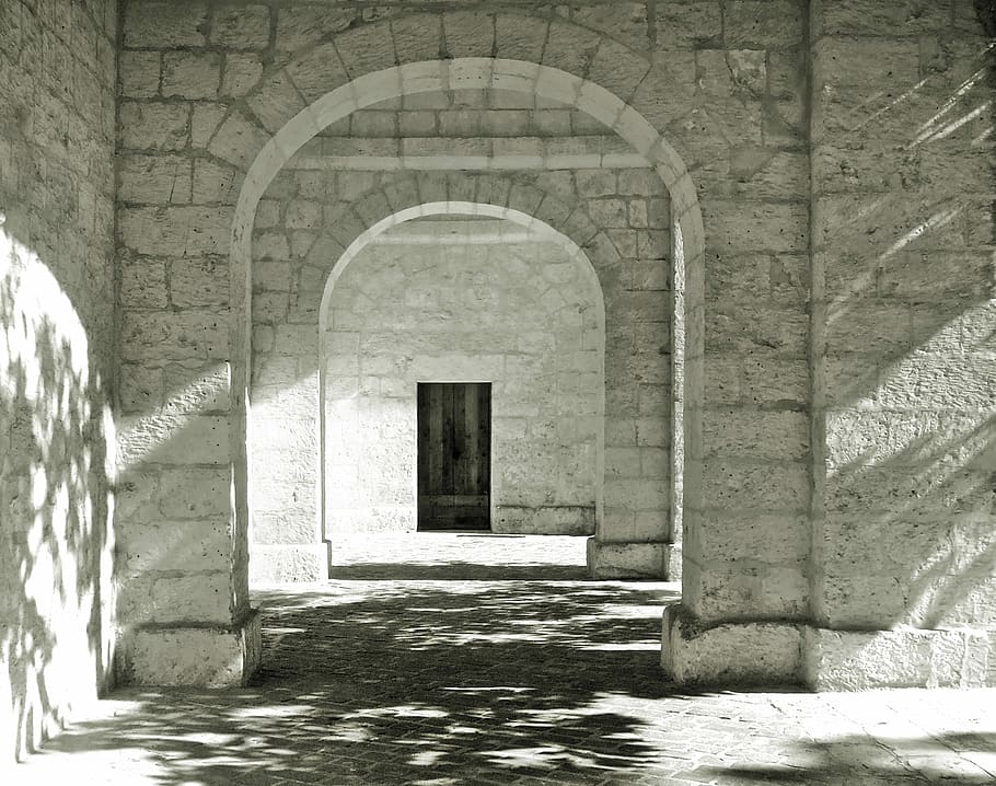 gray concrete arc, arch, arches, archway, church, shadows, landmark, HD wallpaper
