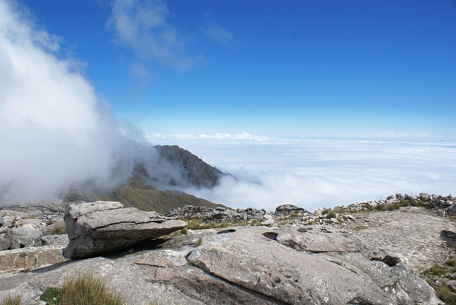 Sky, Clouds, Mountain, Landscape, blue, nature, outdoors, fog HD wallpaper