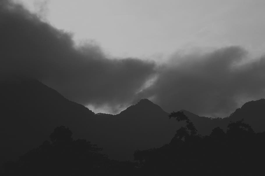 grey sky photography, silhouette of mountains under gray sky HD wallpaper