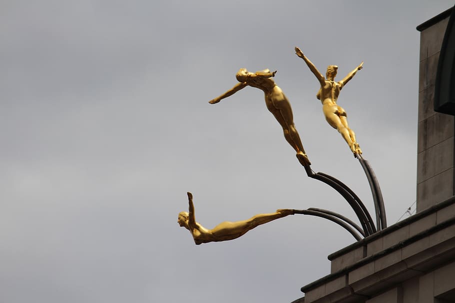 three graces, bronze, statue, diving, females, haymarket, london, HD wallpaper