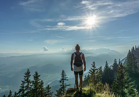 dawn, landscape, nature, man, active, activity, adventure, backpack HD wallpaper
