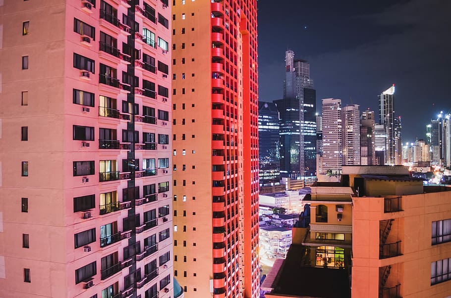 aerial photography of city buildings at night, aerial photography of city buildings at night time HD wallpaper