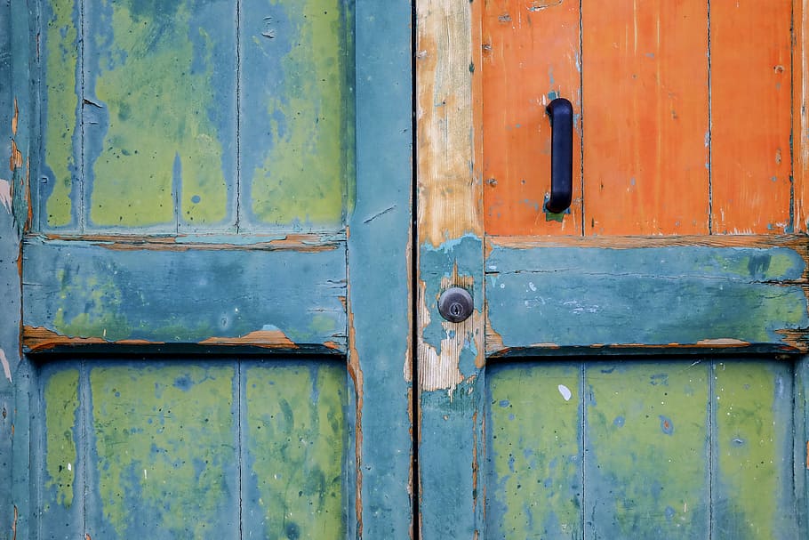 closeup view of blue and green wooden door, blue, green, and orange wooden door, HD wallpaper