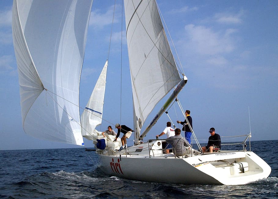 group of people on white boat, sailing, jib, spinnaker, raising HD wallpaper