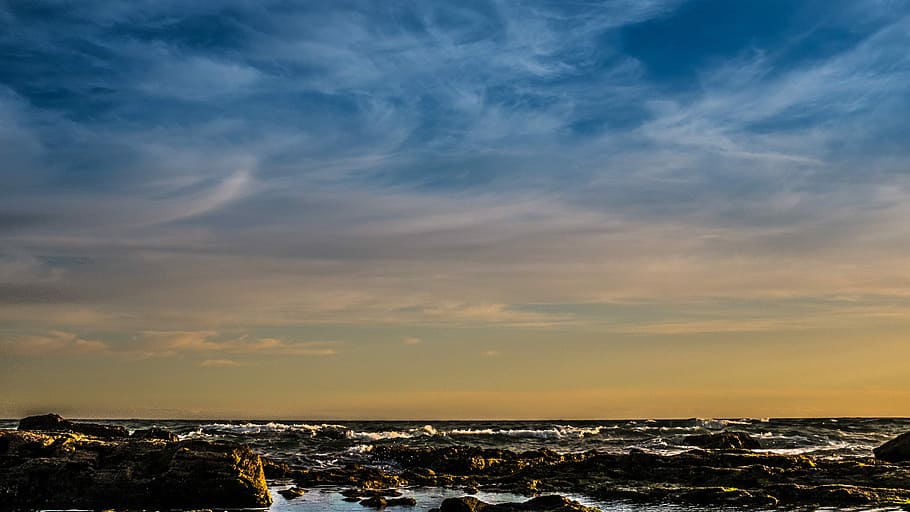 Sunset, Beach, Blue, Sky, Orange, costa, waves, clouds, mijas HD wallpaper