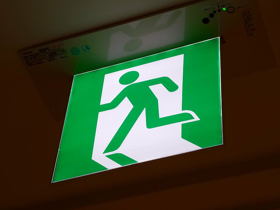 green fire exit LED signage, symbol, emergency, communication HD wallpaper