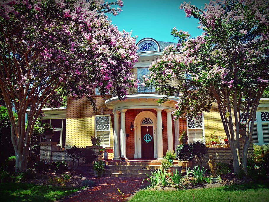 architecture, balcony, brick, daylight, exterior, flowers, garden HD wallpaper