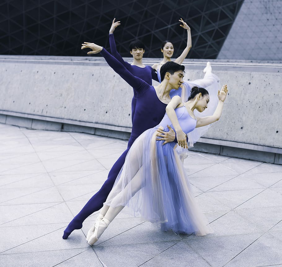 two couple dancing near gray wall, two man and two woman dancing on grey floor HD wallpaper