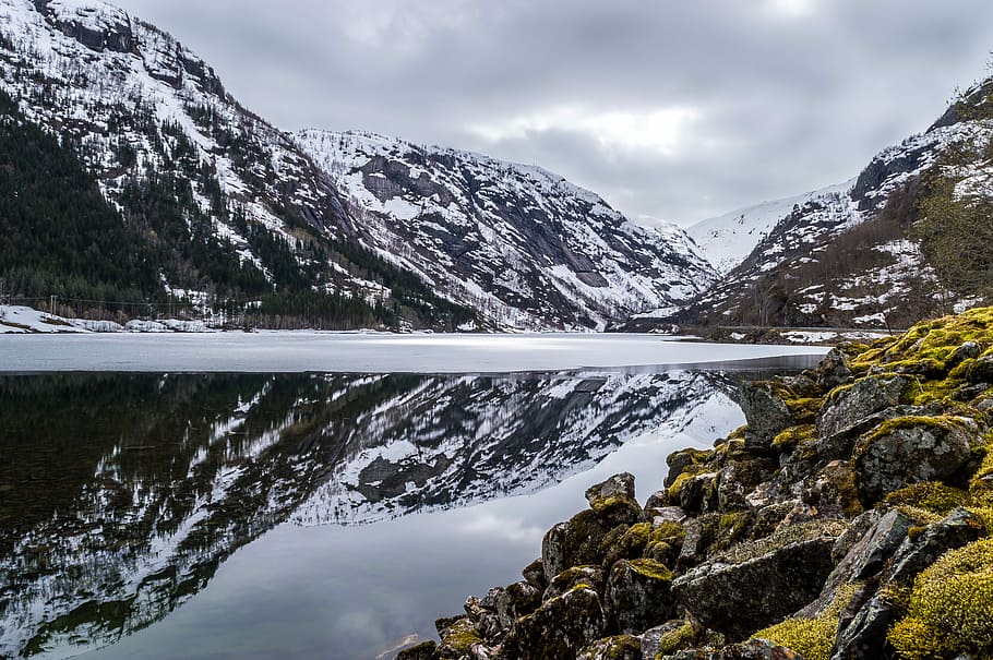 clouds with mountain and lake, snow, nature, mountains, water HD wallpaper