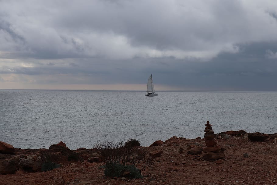 clouds, sea, ship, coast, mood, mallorca, stone coast, spain HD wallpaper
