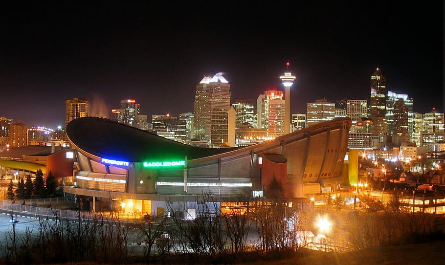 Lights with saddledome and skyline at night in Calgary, Alberta, Canada