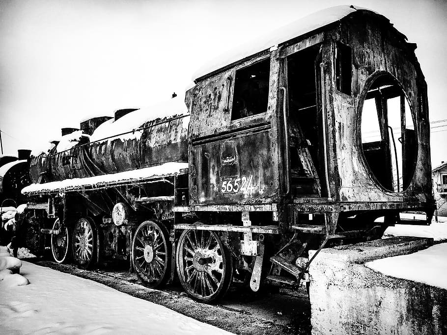 Grayscale Photo of Train, abandoned, black-and-white, engine HD wallpaper