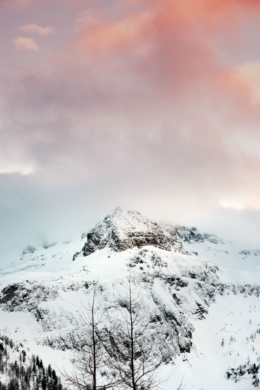Last Light on the Mountain, snow-covered mountain under cloudy sky HD wallpaper
