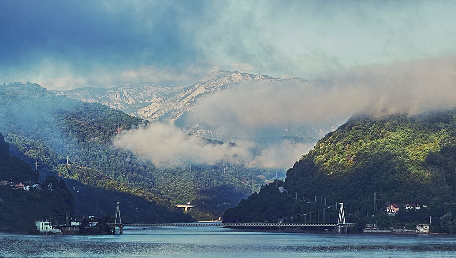 bridge, clouds, daylight, foggy, forest, hazy, island, landscape HD wallpaper