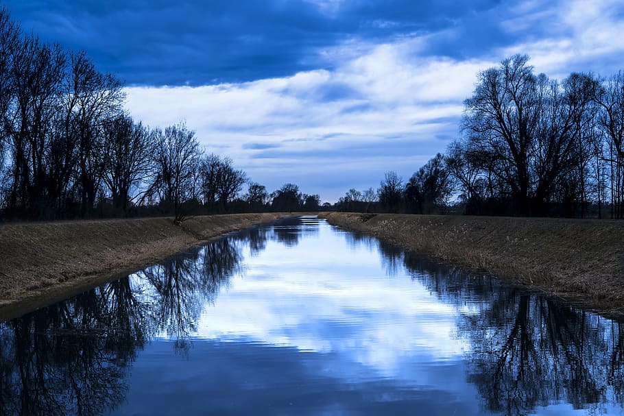 river surrounded by trees, sky, water, landscape, nature, clouds HD wallpaper