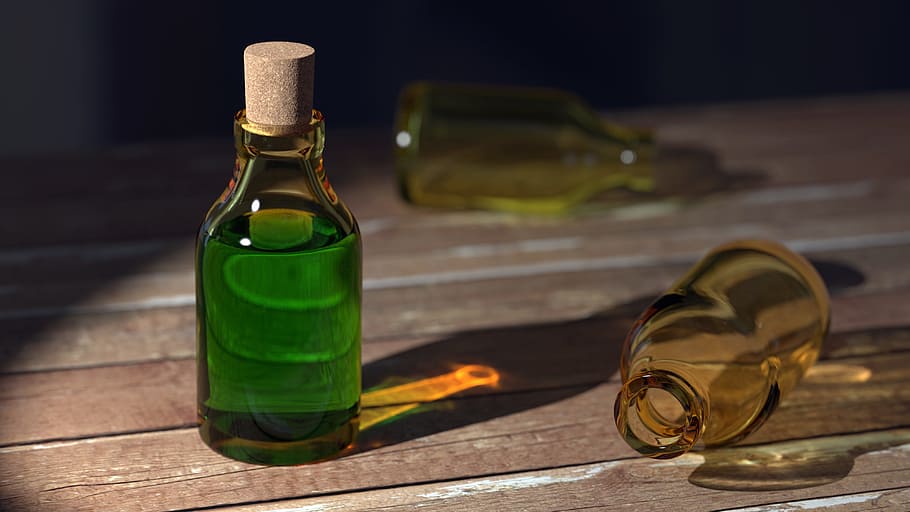 amber glass bottle with green fluid on brown surfa ce, liquid, HD wallpaper
