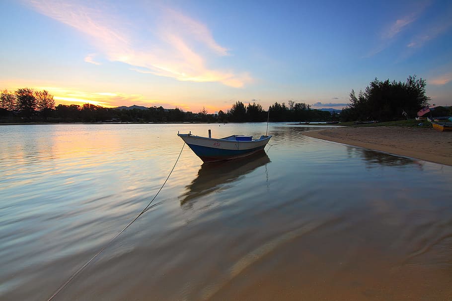dawn, landscape, sunset, water, boat, daylight, lake, outdoors HD wallpaper