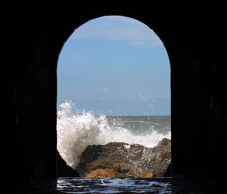 mar, tunnel, sky, water, sea, motion, nature, wave, arch, day HD wallpaper