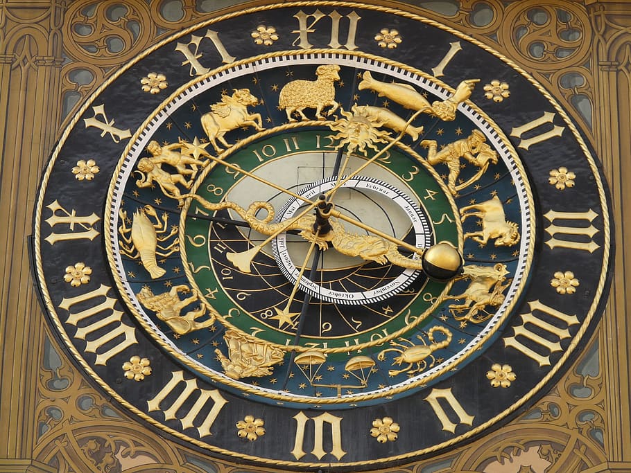 photo of black, brown, green, and blue clock with zodiac sign, HD wallpaper