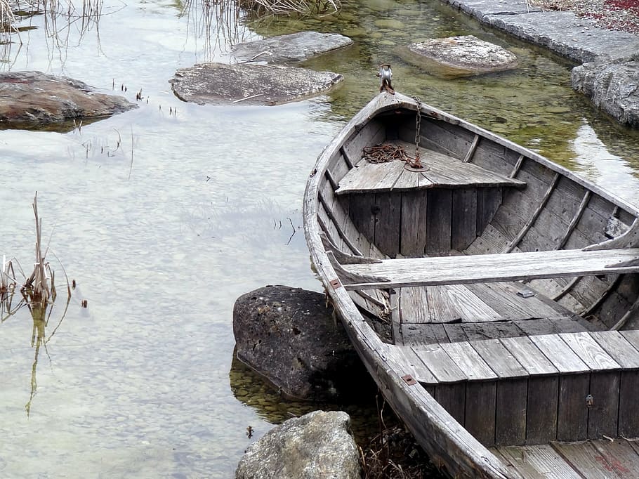 boot, ship, port, water, rock, rock - object, day, nature, lake HD wallpaper