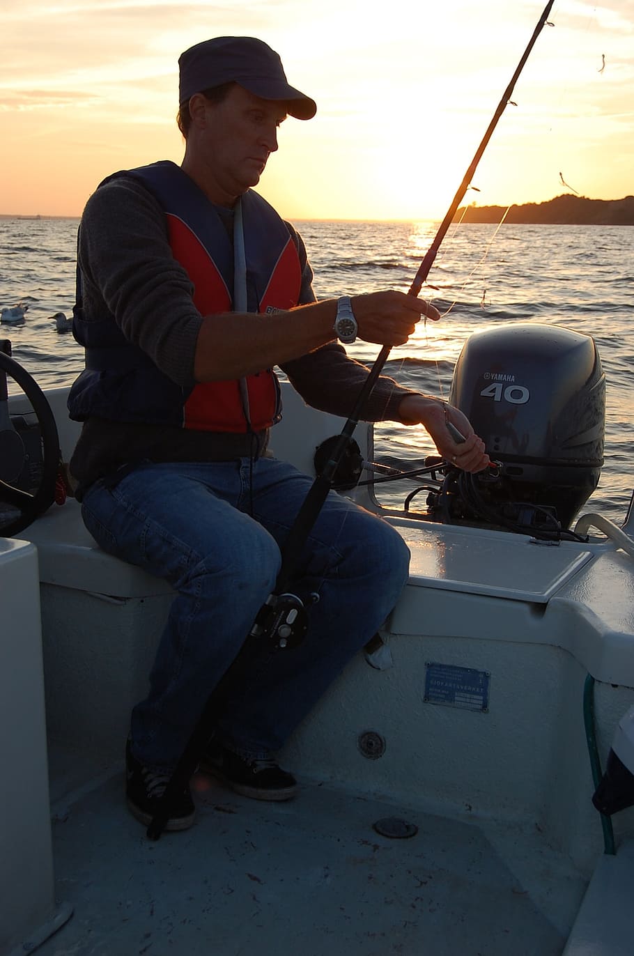 fishing, boat, sunset, water, mode of transportation, men, sea HD wallpaper