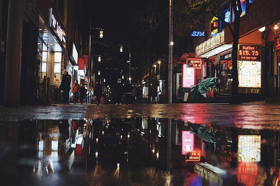 city landscape during daytime, people on the streets during nighttime HD wallpaper