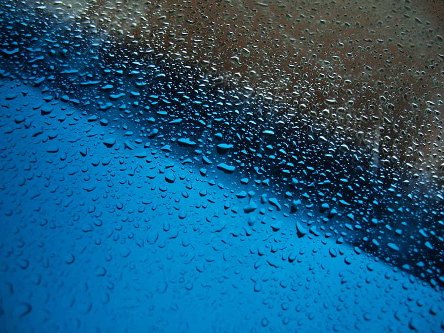 water dews, Raindrops, Droplets, water drops, blue, abstract HD wallpaper