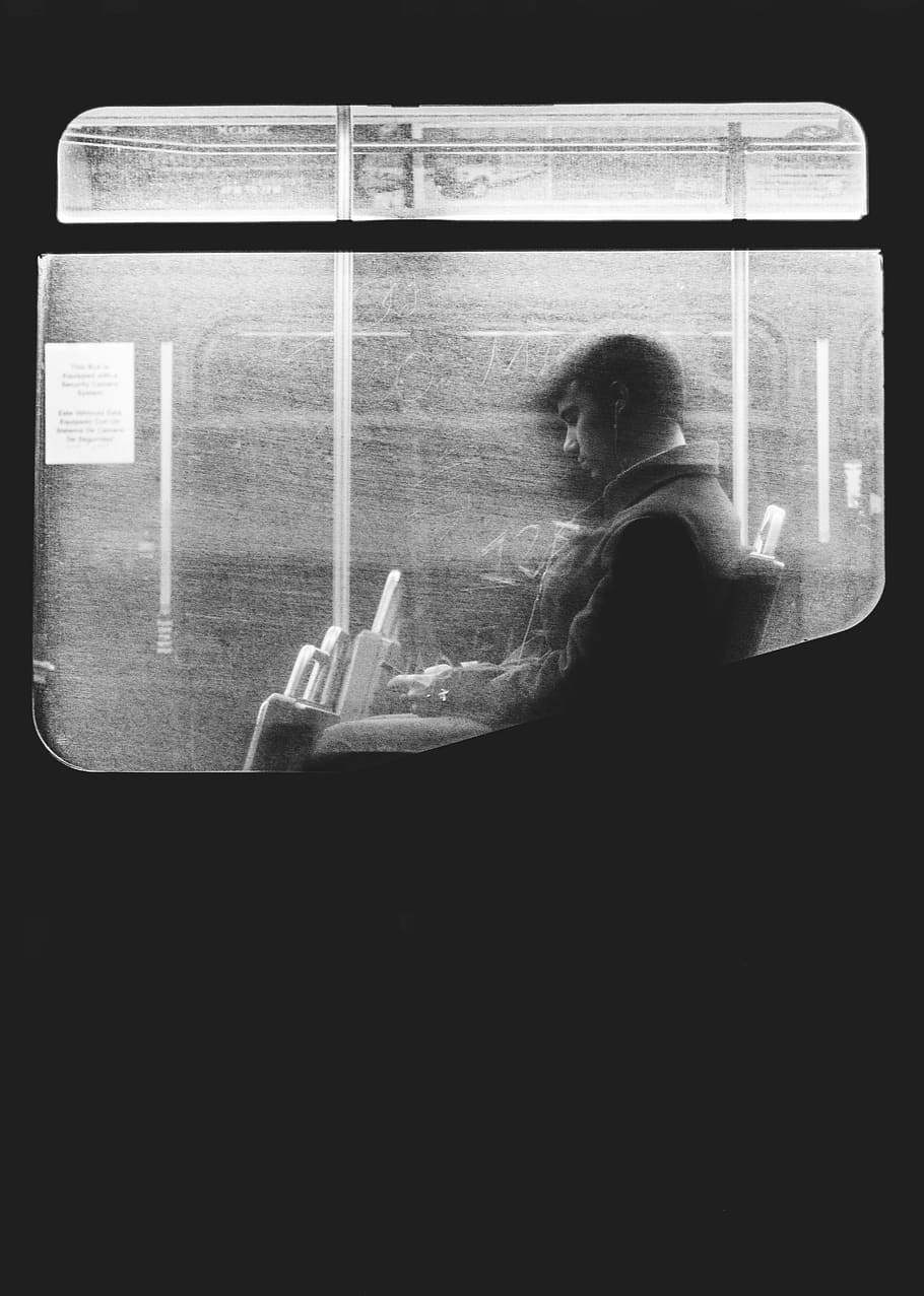 greyscale painting of man in a train, black, white, people, guy
