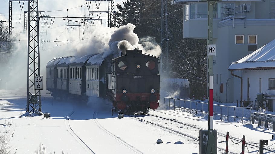 snow, winter, train, transport system, building exterior, cold temperature HD wallpaper