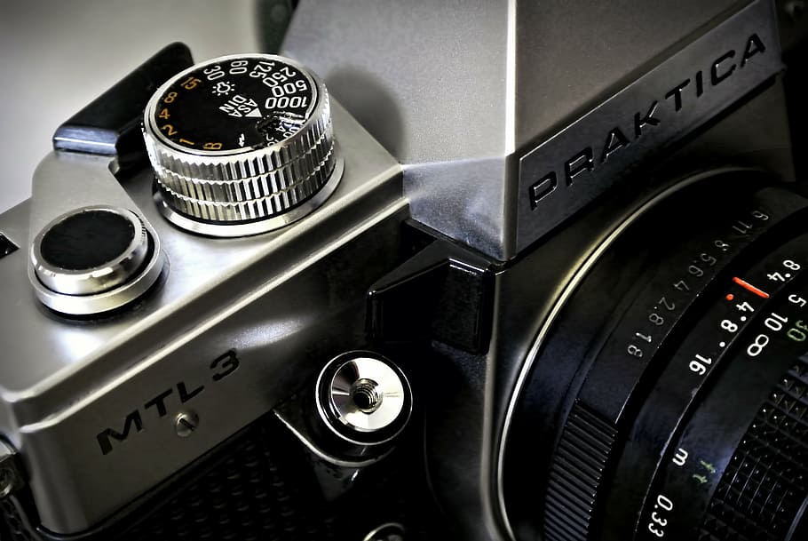 black DSLR camera lens collage, mtl, praktica, close, photography