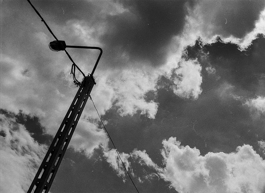 clouds, pylon, black and white, sky, electricity, voltage, cable HD wallpaper